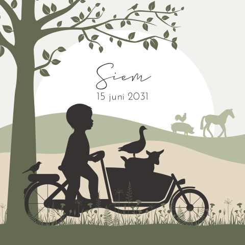 Silhouet geboortekaartje jongen met bakfiets en boerderijdieren