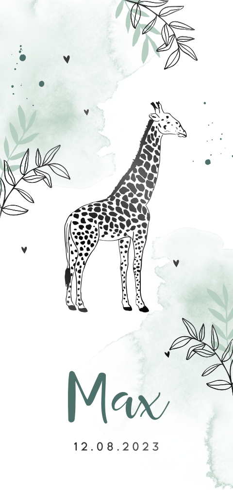 Botanisch geboortekaartje voor jongen met een zwart folie giraffe