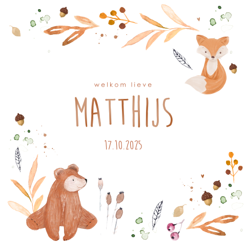 Lief hoogglans geboortekaartje met herfst dieren voor een jongen