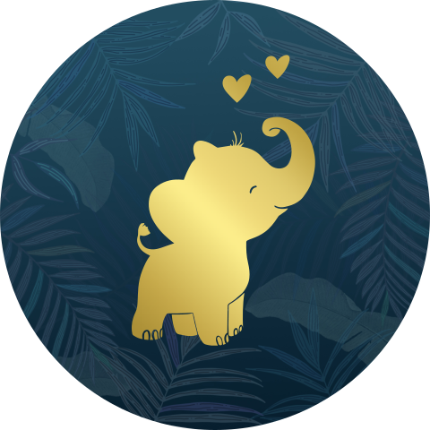 Sluitsticker donkerblauw met olifantje in goudfolie