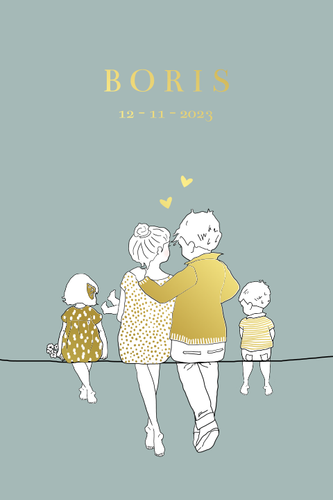 Illustratief geboortekaartje zoon met gezin en goudfolie hartjes