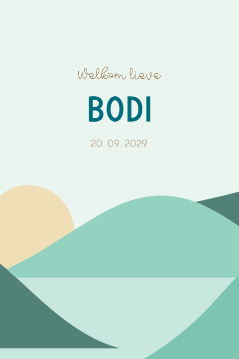 Groen geboortekaartje met abstract landschap voor een jongen