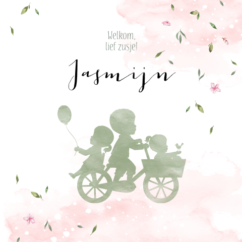 Vrolijk geboortekaartje meisje met roze watercolour en silhouet
