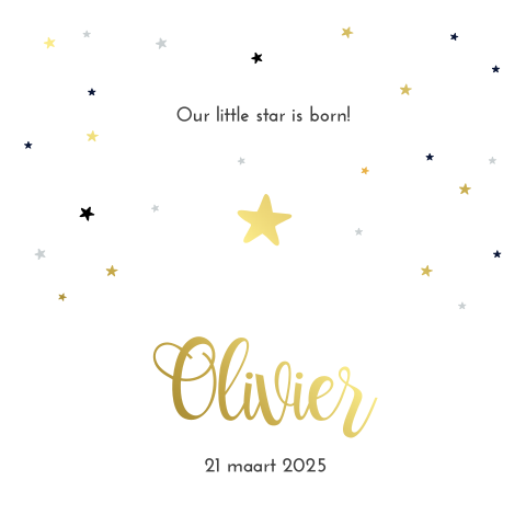 Goudfolie geboortekaartje jongen met sterren - Our little star is born