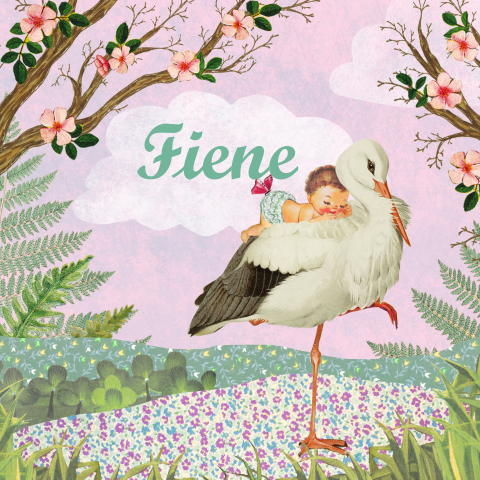 Lief kaartje met ooievaar en kindje in roze landschap