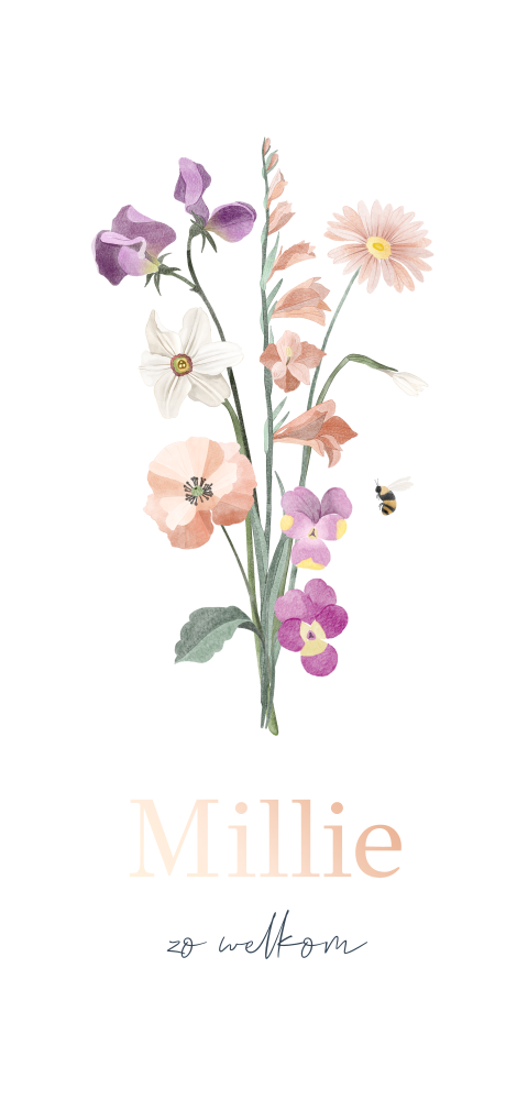 Roségoudfolie geboortekaartje meisje met watercolour bloemen