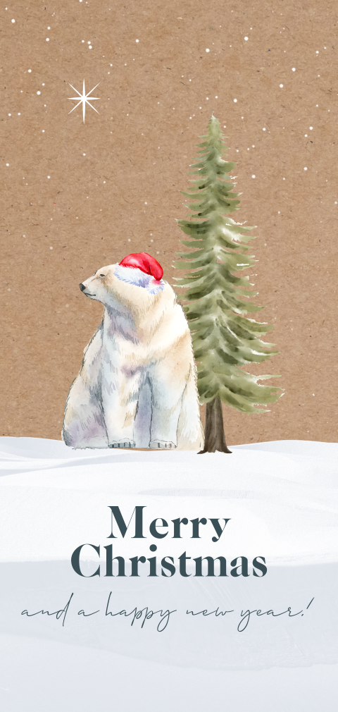 Kraftlook kerstkaart met illustratie van ijsbeer en boom in de sneeuw