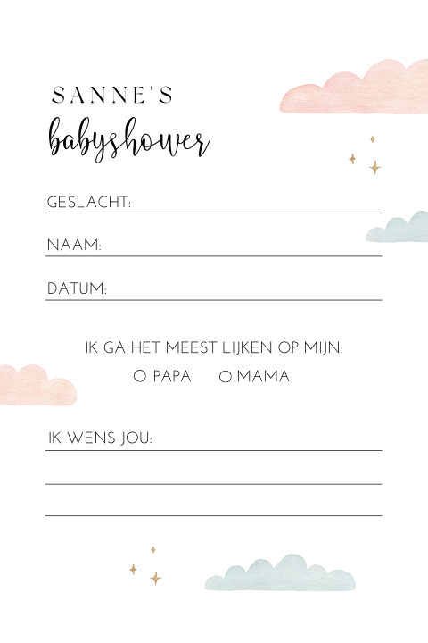 Gender reveal invulkaart met blauw/roze wolkjes