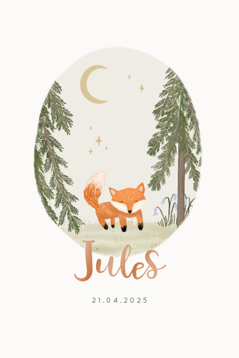 Prachtig hoogglans geboortekaartje met vosje in het bos