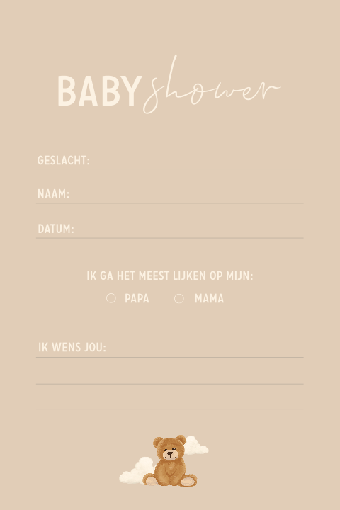 Babyshower invulkaart met teddybeer