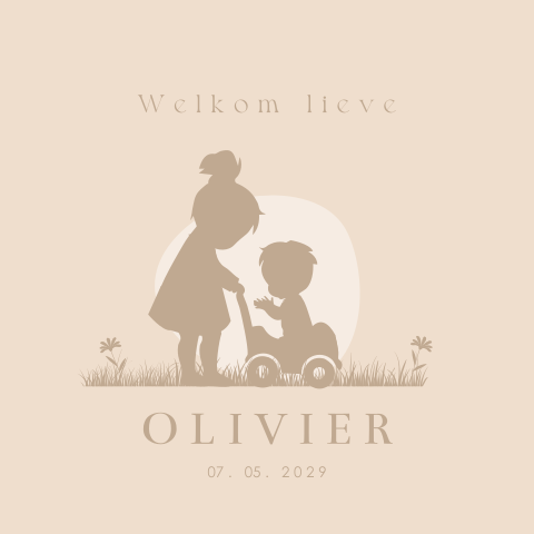 Beige geboortekaartje broertje met silhouetjes en loopkarretje