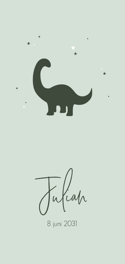 Avontuurlijk geboortekaartje met het silhouet van een dino en sterren