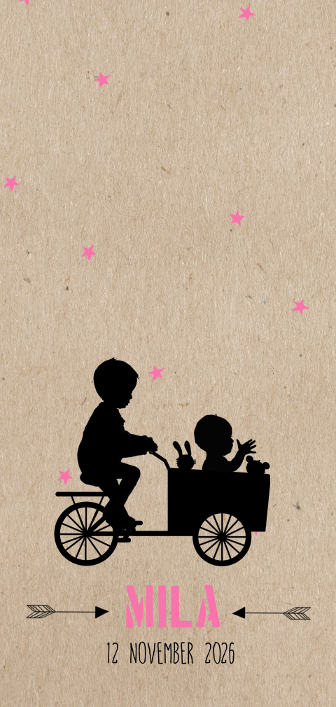 Langwerpig geboortekaartje met zusje in bakfiets