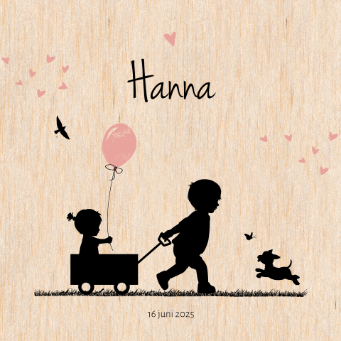 lief geboortekaartje voor een zusje van echt hout met hartjes
