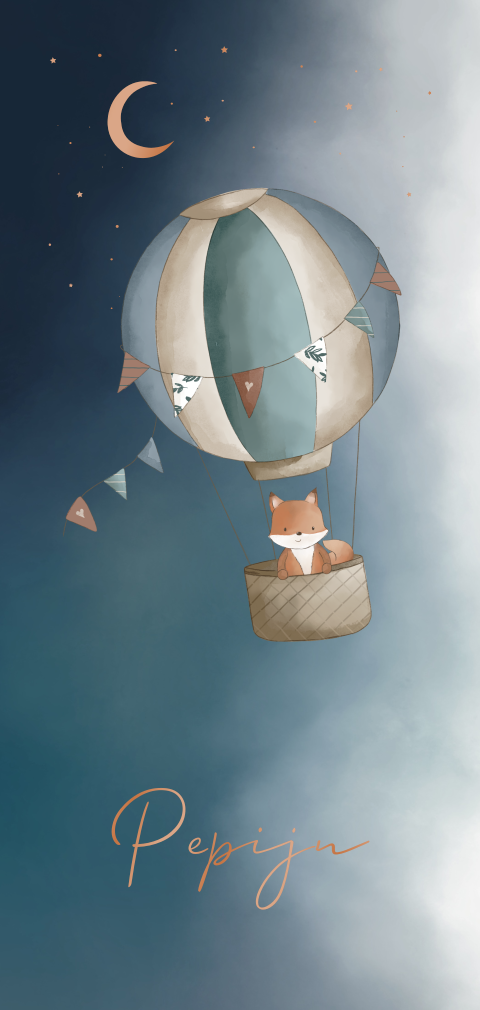 Hoogglans geboortekaartje voor jongen met maan luchtballon en vosje