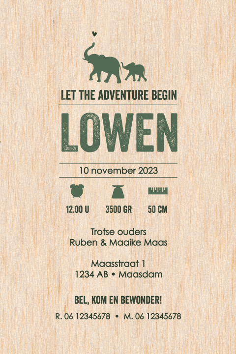 Stoer typografisch geboortekaartje met olifanten op echt hout