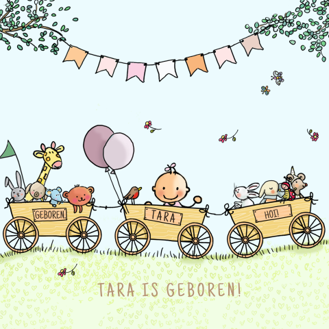 Vrolijk geboortekaartje van baby in karretje met dieren