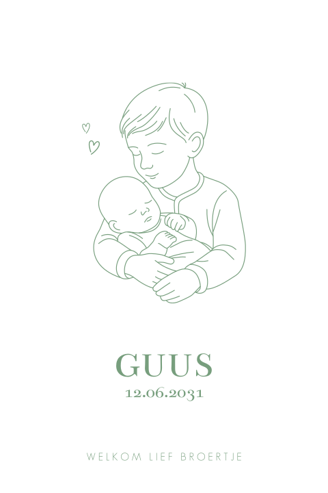Lijntekening geboortekaartje met grote broer en baby