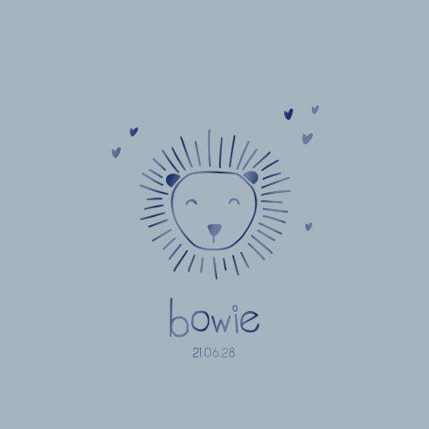 Geboortekaartje jongen met lijntekening leeuwtje en blauwe hoogglans
