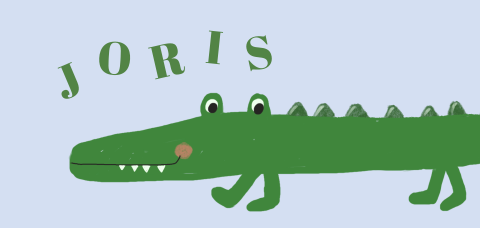 Vrolijk blauw geboortekaartje jongen met krokodil