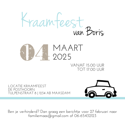 Kraamborrel kaartje met leuke autootjes
