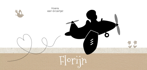 Avontuurlijk geboortekaartje met silhouet van jongen in vliegtuig