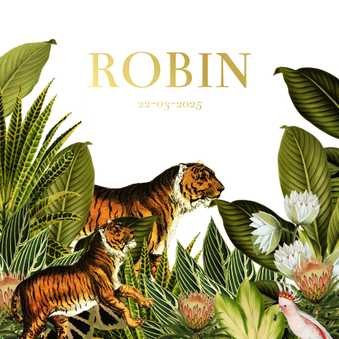 Retro goudfolie geboortekaartje met tijger en botanische planten