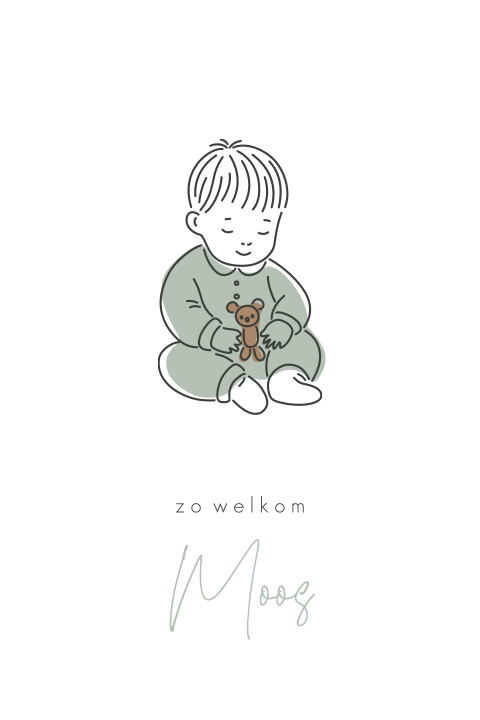 Lief geboortekaartje met lijntekening van jongetje met knuffel