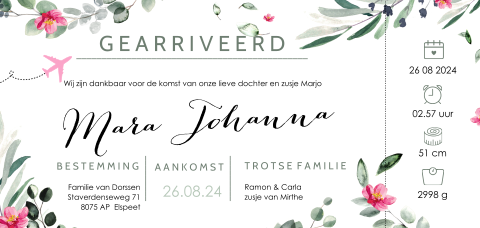 Uniek geboortekaartje voor meisje als vliegticket met bloemen
