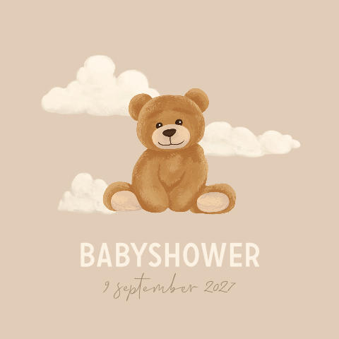 Babyshower uitnodiging met teddybeer en wolkjes