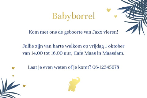 Witte kraamborrelkaart junglestijl met olifantje