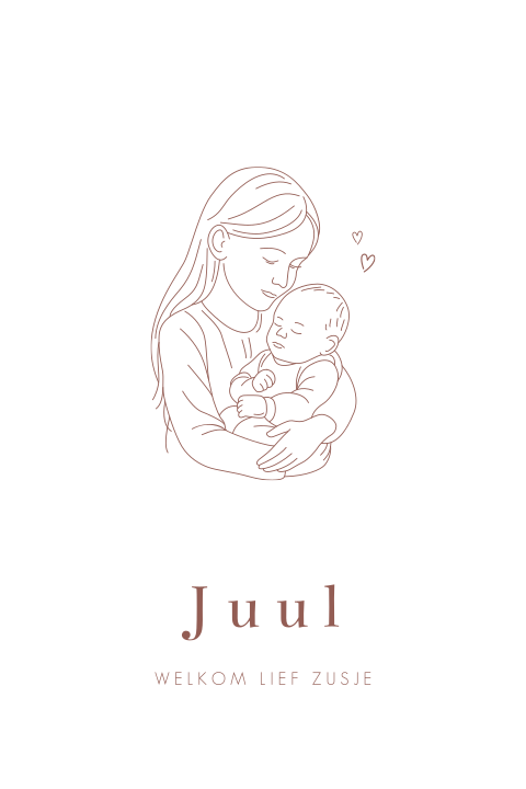 Lijntekening geboortekaartje met grote zus en baby