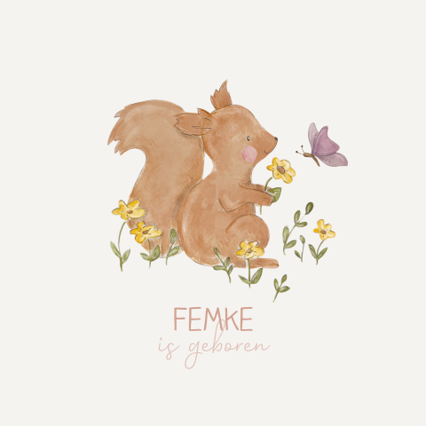 Lief geboortekaartje met illustratie eekhoorn en bloemen