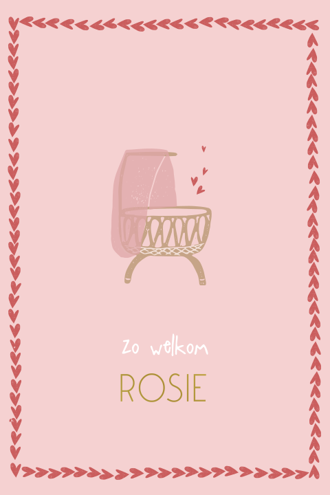 Goudfolie geboortekaartje roze met wiegje en hartjes