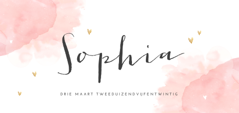 Hip geboortekaartje met roze watercolour en hartjes