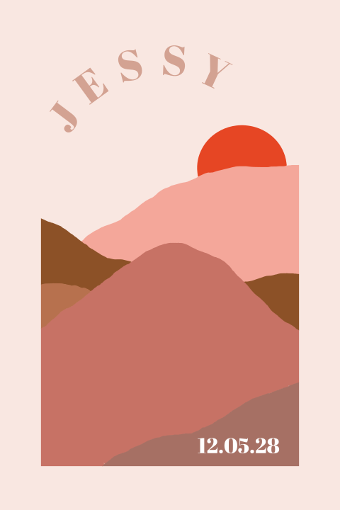 Trendy geboortekaartje roze met berglandschap