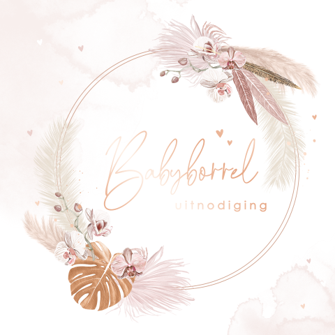Uitnodiging babyborrel met bloemenkrans op roze watercolour