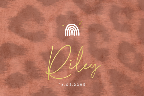 Trendy babykaartje met panterprint, regenboogje en goudfolie