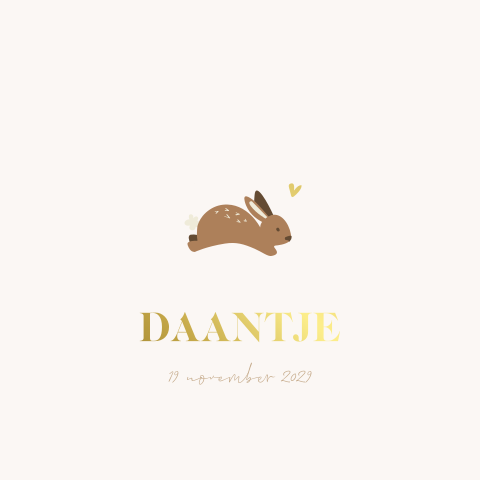 Lief geboortekaartje minimalistisch met konijntje en goudfolie