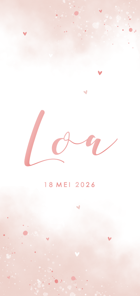 Hoogglans geboortekaartje met roze watercolour en hartjes