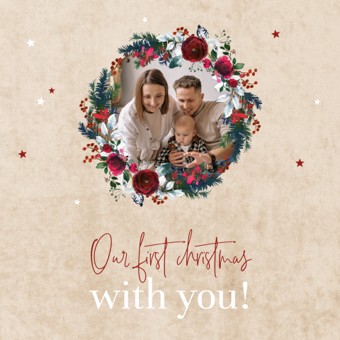 Kerstkaart met foto in krans