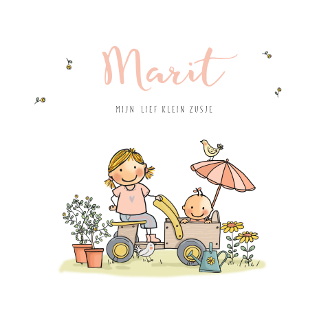 Lief geboortekaartje met tekening van baby zusje en grote zus in kar
