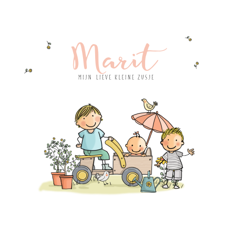Vrolijk geboortekaartje met tekening van broers met baby zusje in kar