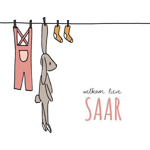 Schattig geboortekaartje voor meisje met pentekening van waslijn