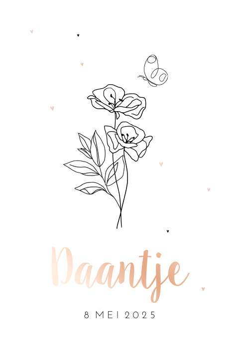 Roségoudfolie geboortekaartje voor meisje met lijntekening klaproos