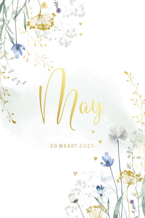 Luxe geboortekaartje met watercolour, bloemen en goudfolie