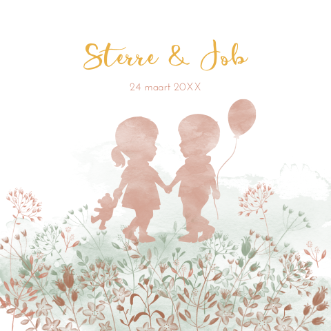 Watercolour geboortekaartje met silhouetjes van een tweeling