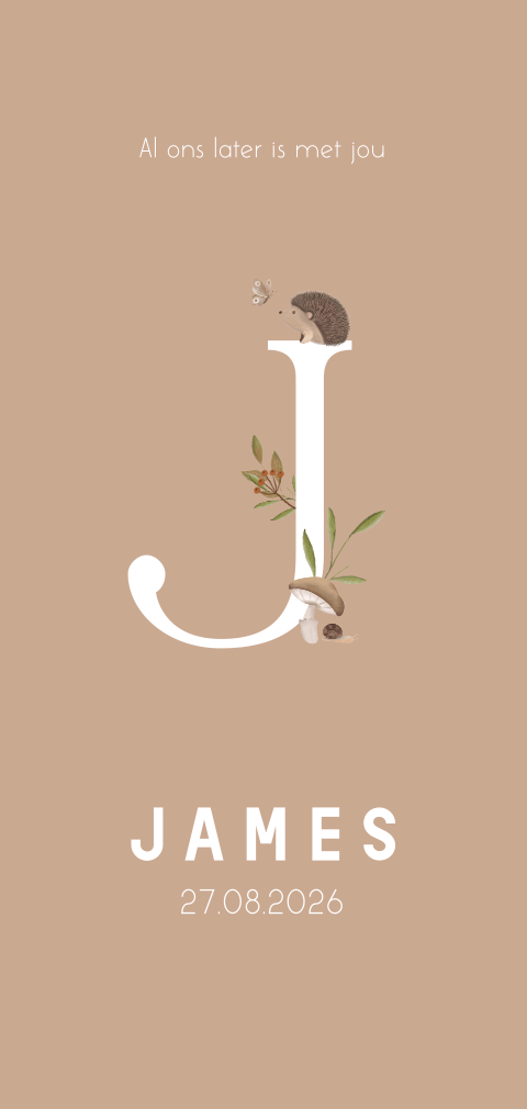Langwerpig herfst geboortekaartje met letter voor jongen