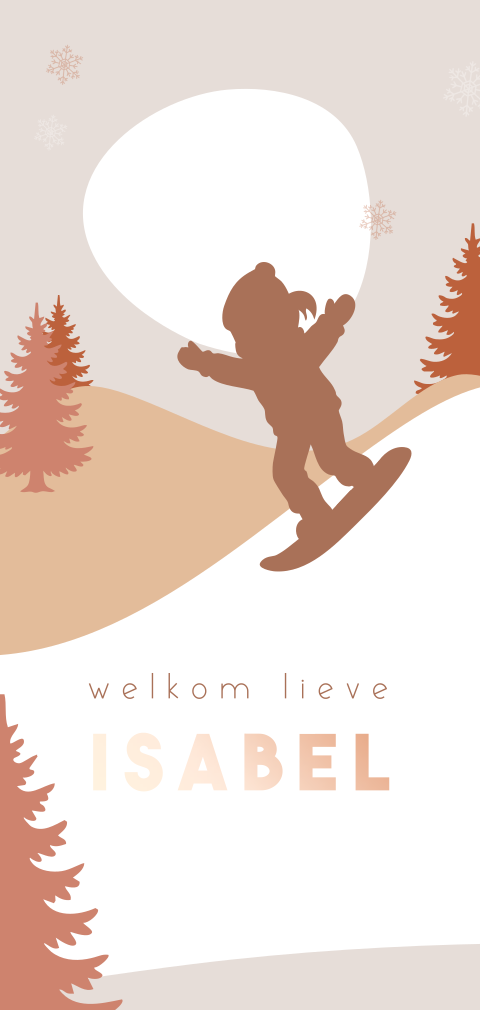 Winter geboortekaartje meisje met silhouetje op snowboard