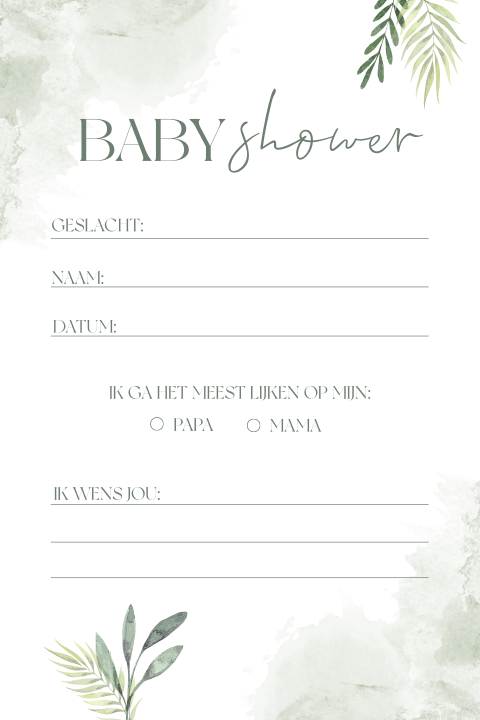 Babyshower invulkaart met botanical thema